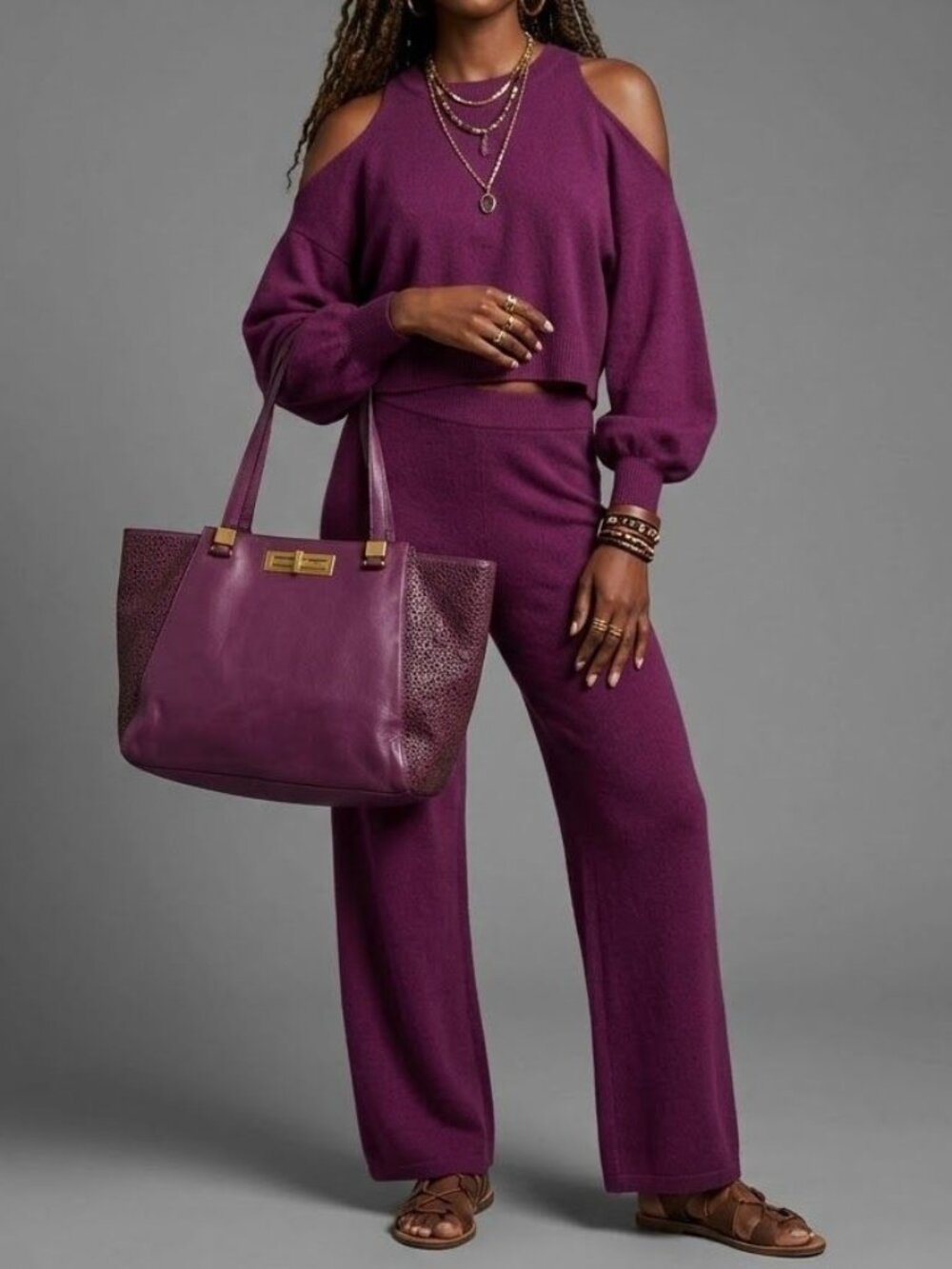 Elliott Lucca M Large Tote Bag Purple Leather Floral Cutout Gold Hardware Chic